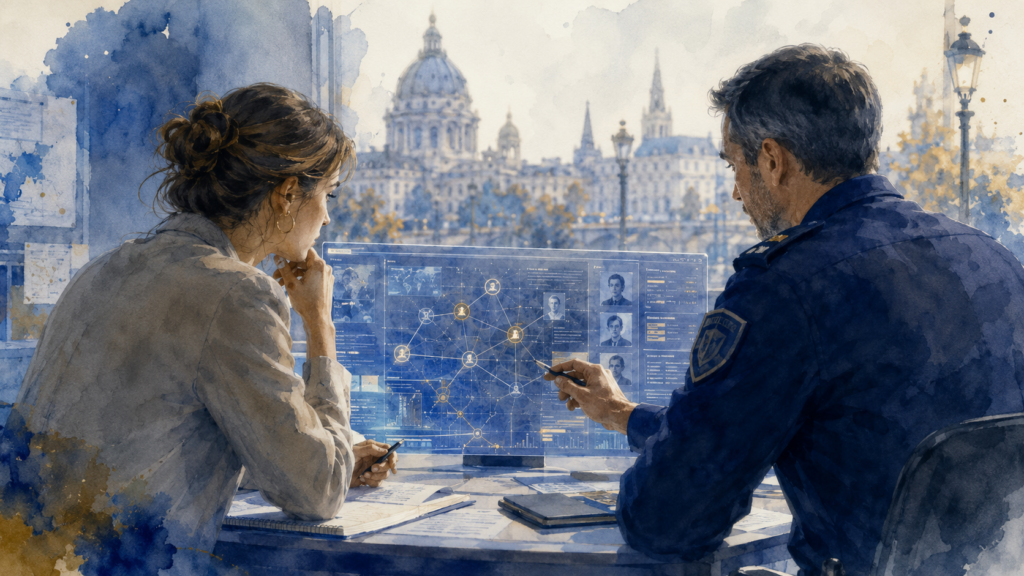 Inteligencia artificial y policía: una herramienta útil también puede equivocarse 1 Inteligencia artificial y policía: un agente y una especialista revisan los resultados de una herramienta antes de tomar una decisión.