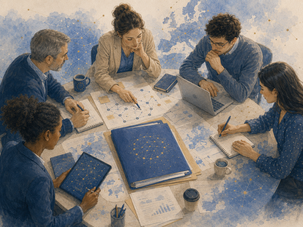 Qué es un consorcio europeo y cómo saber si una organización encaja en él 1 Profesionales de distintas organizaciones colaboran alrededor de una mesa para diseñar un consorcio europeo.
