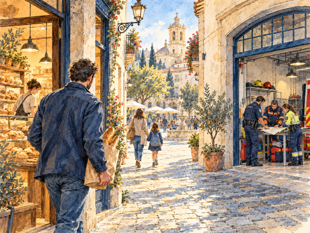 Europa debería notarse un martes cualquiera 1 Una calle europea con una panadería y profesionales de emergencias coordinándose, ilustración sobre el impacto cotidiano de los proyectos europeos.