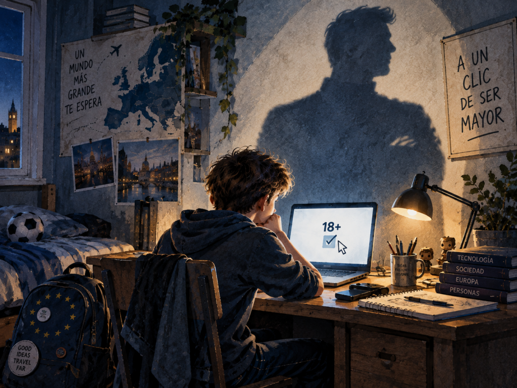 ¿Cómo demonios sabe Internet cuántos años tienes? 1 Verificación de edad en Internet: menor ante un ordenador que proyecta una sombra adulta