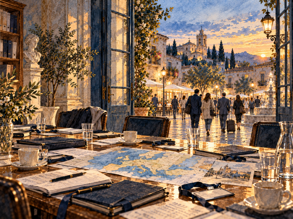 El proyecto europeo termina. ¿Y ahora qué? 1 Ilustración sobre el fin de un proyecto europeo, con una mesa de reunión vaciándose al atardecer mientras los participantes se despiden en una plaza europea.