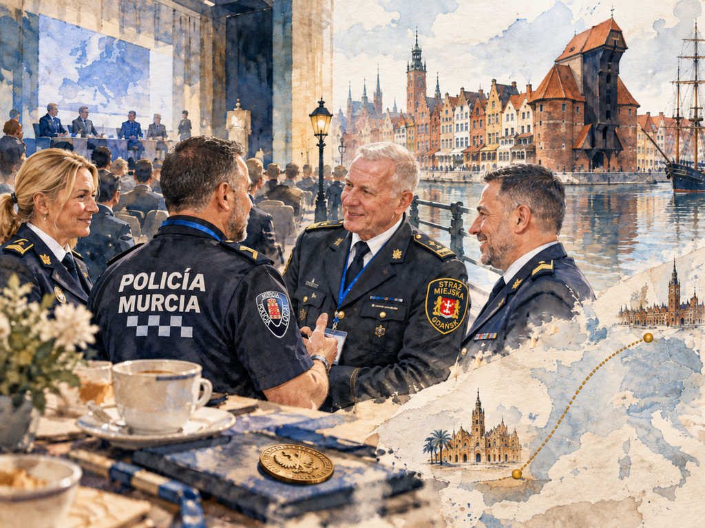 Carta desde Gdańsk: Murcia había llegado antes que yo 1 Ilustración sobre la reputación en proyectos europeos, con policías de Murcia y Gdańsk conversando durante un encuentro europeo.